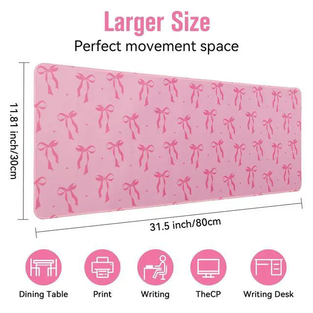 Alt view image 7 of 7 - Large Gaming Mouse Pad 31.5 x 11.8in Desk Mat for Office Mousepad Anti-Skid Rubber Base Soft Comfortable and Durable Desk Pad (Pink Bow)