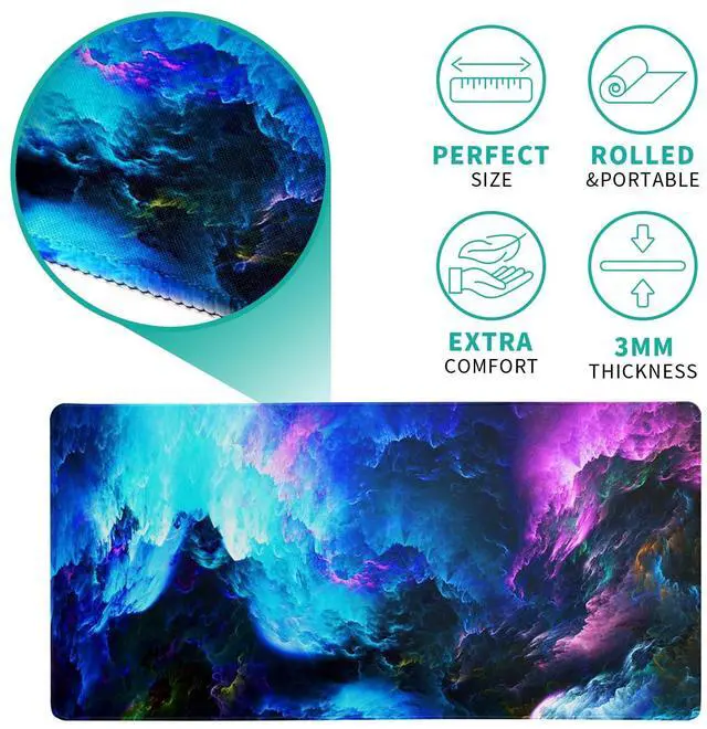Alt view image 5 of 7 - Dazzling Galaxy Gaming Mouse Pad 27.6x11.8 Inch Blue Purple Galaxy Nebula Universe Space Large Mousepad Non-Slip Rubber Base Stitched Edges Keyboard Mouse Mat Desk Pad for Office Home and Game