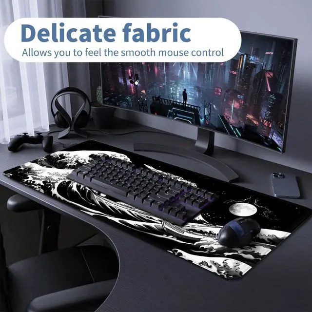 Alt view image 5 of 7 - Japanese Wave Dragon Gaming Mouse Pad Large Desk Mat Black Extended Keyboard Mouse Pad Gaming Mousepad with Non-Slip Base Stitched Edge Mouse Mat Desk Pad 31.5 X 11.8 Mouse Pads for Desk Home Office
