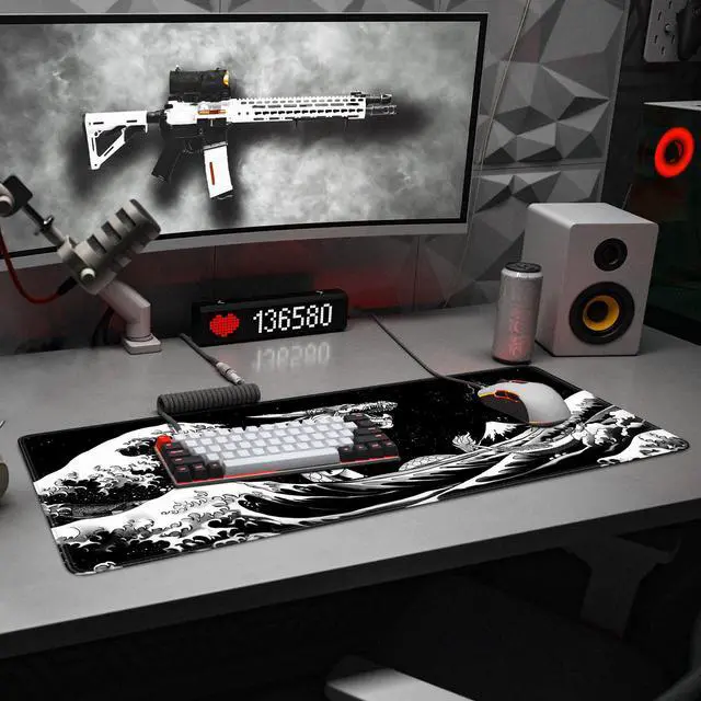 Alt view image 6 of 7 - Japanese Wave Dragon Gaming Mouse Pad Large Desk Mat Black Extended Keyboard Mouse Pad Gaming Mousepad with Non-Slip Base Stitched Edge Mouse Mat Desk Pad 31.5 X 11.8 Mouse Pads for Desk Home Office