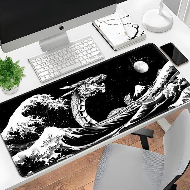 Alt view image 7 of 7 - Japanese Wave Dragon Gaming Mouse Pad Large Desk Mat Black Extended Keyboard Mouse Pad Gaming Mousepad with Non-Slip Base Stitched Edge Mouse Mat Desk Pad 31.5 X 11.8 Mouse Pads for Desk Home Office