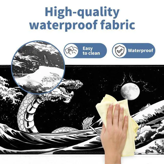 Alt view image 3 of 7 - Japanese Wave Dragon Gaming Mouse Pad Large Desk Mat Black Extended Keyboard Mouse Pad Gaming Mousepad with Non-Slip Base Stitched Edge Mouse Mat Desk Pad 31.5 X 11.8 Mouse Pads for Desk Home Office