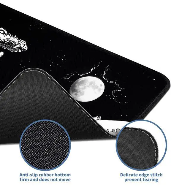 Alt view image 4 of 7 - Japanese Wave Dragon Gaming Mouse Pad Large Desk Mat Black Extended Keyboard Mouse Pad Gaming Mousepad with Non-Slip Base Stitched Edge Mouse Mat Desk Pad 31.5 X 11.8 Mouse Pads for Desk Home Office
