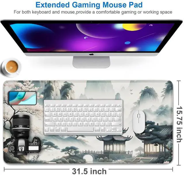 Alt view image 2 of 7 - Large Gaming Mouse Pad, 31.5x15.7 inch Large Extended Computer Keyboard Mouse Mat, Water Resist Non-Slip Mousepad Rubber Base Long XXL Mouse Pad for Work & Gaming, Office & Home, Sakura Ancient City