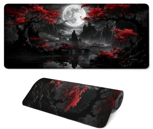 Main image of Gaming Mouse Pad with Anti-Slip Rubber Base, Extended Large Computer Mouse Mat with Stitched Edges, Long XL Anime Mousepad for Laptop and Keyboard, 31.5 x 11.8 inch (Dark Full Moon)