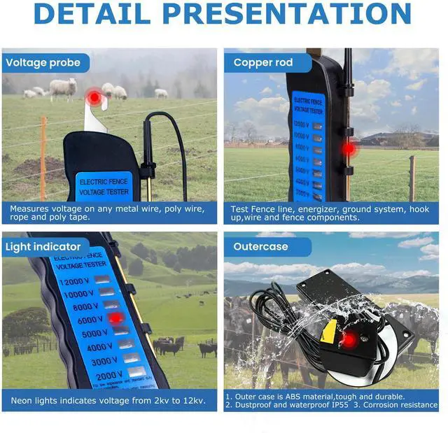 Alt view image 5 of 7 - Electric Fence Voltage Tester, 12KV Fence Tester 8 Neon Indicator Lights/Fence Tester for Farms Fault Finder Portable Testing Tool