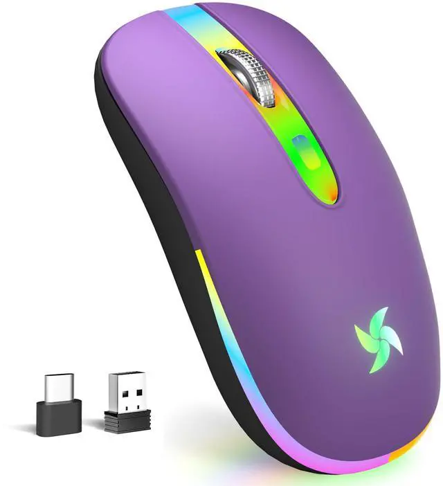 Main image of LED Wireless Mouse, Slim Silent Rechargeable Mouse for Laptop, 2.4G Portable USB Optical Mouse with Type C Adapter, 3 Adjustable DPI Levels 1600/1200/800 for Tablet/Computer Purple