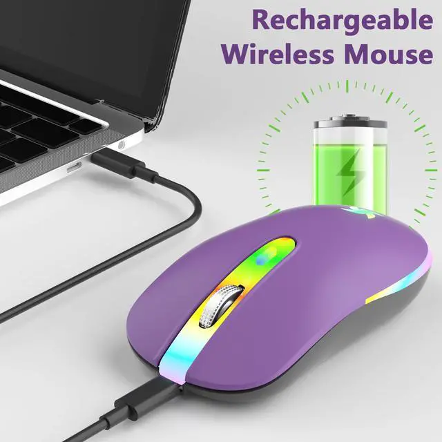 Alt view image 3 of 7 - LED Wireless Mouse, Slim Silent Rechargeable Mouse for Laptop, 2.4G Portable USB Optical Mouse with Type C Adapter, 3 Adjustable DPI Levels 1600/1200/800 for Tablet/Computer Purple