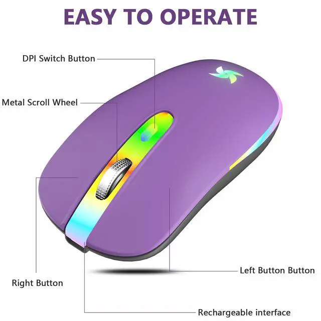 Alt view image 6 of 7 - LED Wireless Mouse, Slim Silent Rechargeable Mouse for Laptop, 2.4G Portable USB Optical Mouse with Type C Adapter, 3 Adjustable DPI Levels 1600/1200/800 for Tablet/Computer Purple