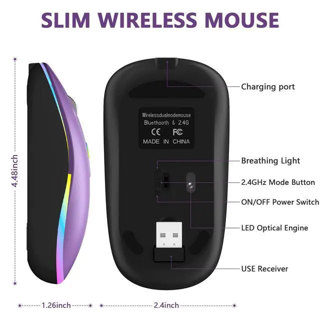 Alt view image 4 of 7 - LED Wireless Mouse, Slim Silent Rechargeable Mouse for Laptop, 2.4G Portable USB Optical Mouse with Type C Adapter, 3 Adjustable DPI Levels 1600/1200/800 for Tablet/Computer Purple