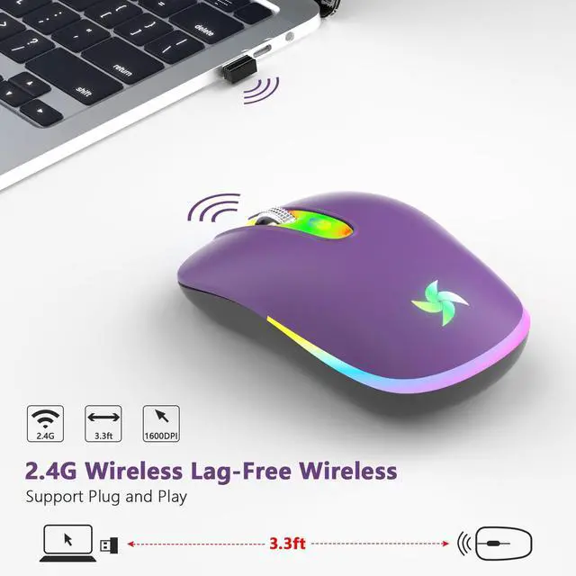 Alt view image 5 of 7 - LED Wireless Mouse, Slim Silent Rechargeable Mouse for Laptop, 2.4G Portable USB Optical Mouse with Type C Adapter, 3 Adjustable DPI Levels 1600/1200/800 for Tablet/Computer Purple