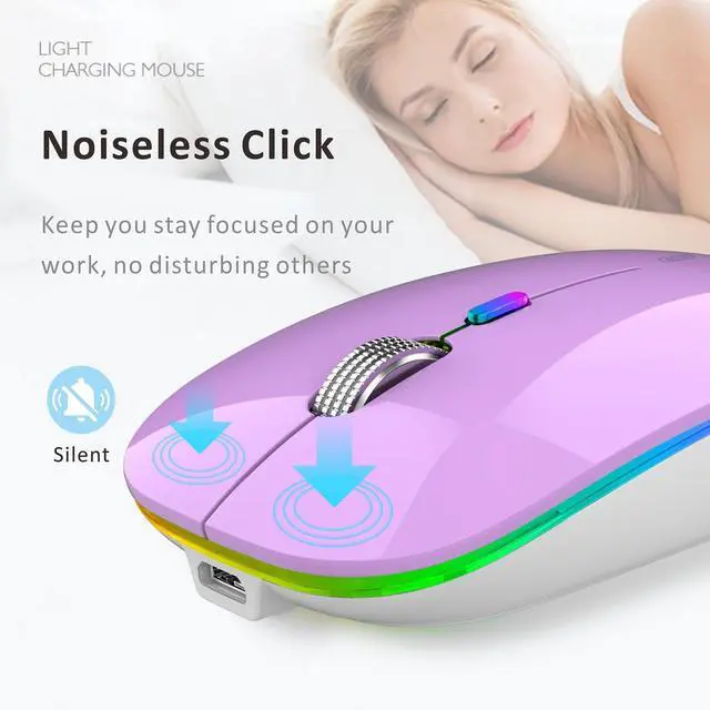 Alt view image 2 of 7 - LED Wireless Mouse, G12 Slim Rechargeable Silent Mouse, 2.4G Portable USB Optical Wireless Computer Mice with USB Receiver and Type C Adapter (Purple)
