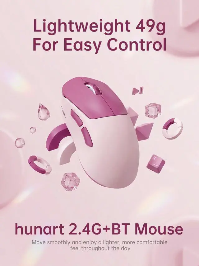 Alt view image 2 of 7 - H6 49g Wireless Mouse, Bluetooth & 2.4GHz Rechargeable Mouse, Lightweight Silent Ergonomic Mouse with USB-C Charging, Portable Right-Hand Office Mouse for Laptop, PC, MacBook(Berry Pink)
