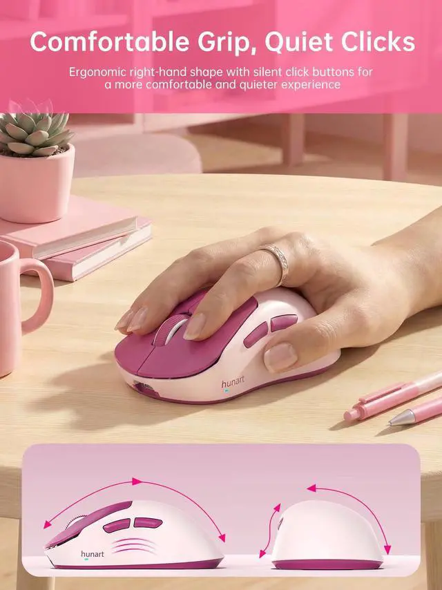 Alt view image 5 of 7 - H6 49g Wireless Mouse, Bluetooth & 2.4GHz Rechargeable Mouse, Lightweight Silent Ergonomic Mouse with USB-C Charging, Portable Right-Hand Office Mouse for Laptop, PC, MacBook(Berry Pink)