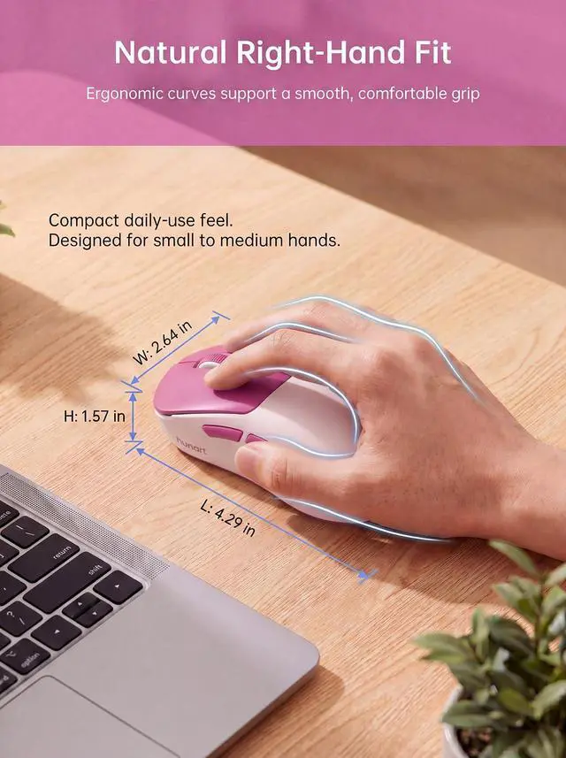 Alt view image 6 of 7 - H6 49g Wireless Mouse, Bluetooth & 2.4GHz Rechargeable Mouse, Lightweight Silent Ergonomic Mouse with USB-C Charging, Portable Right-Hand Office Mouse for Laptop, PC, MacBook(Berry Pink)