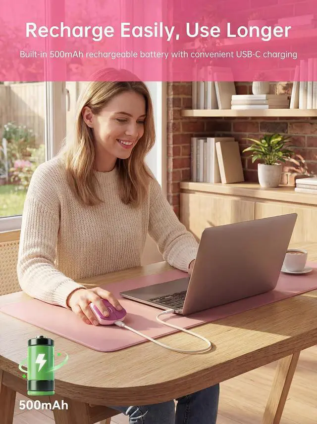 Alt view image 4 of 7 - H6 49g Wireless Mouse, Bluetooth & 2.4GHz Rechargeable Mouse, Lightweight Silent Ergonomic Mouse with USB-C Charging, Portable Right-Hand Office Mouse for Laptop, PC, MacBook(Berry Pink)
