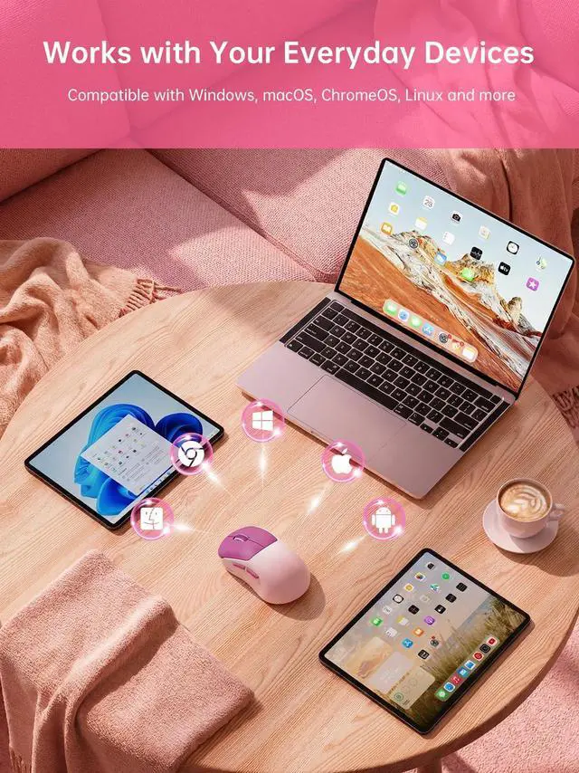 Alt view image 7 of 7 - H6 49g Wireless Mouse, Bluetooth & 2.4GHz Rechargeable Mouse, Lightweight Silent Ergonomic Mouse with USB-C Charging, Portable Right-Hand Office Mouse for Laptop, PC, MacBook(Berry Pink)