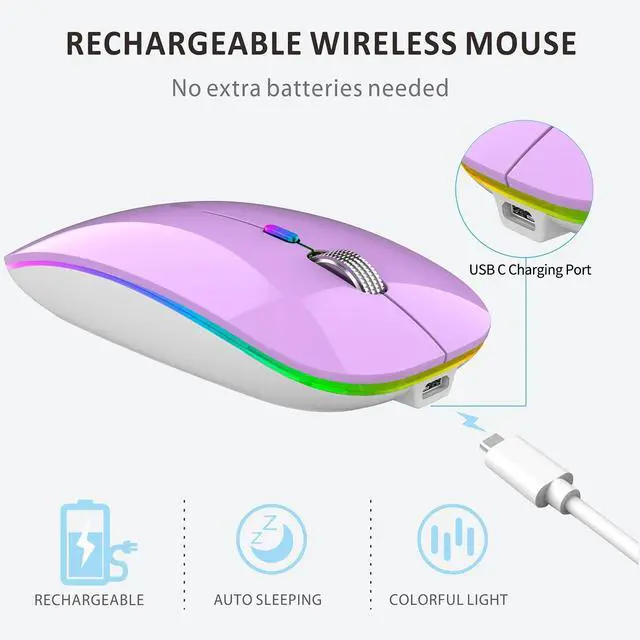 Alt view image 6 of 7 - LED Wireless Mouse, G12 Slim Rechargeable Silent Mouse, 2.4G Portable USB Optical Wireless Computer Mice with USB Receiver and Type C Adapter (Purple)