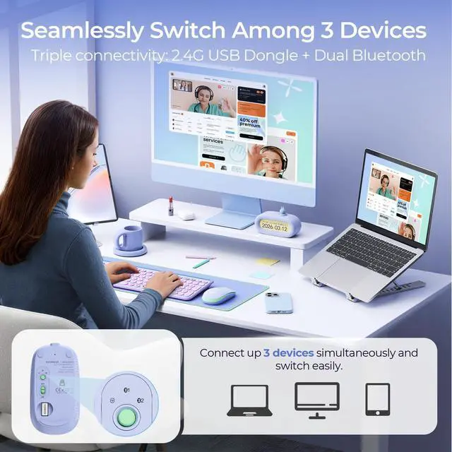 Alt view image 2 of 7 - MOU001 Bluetooth Wireless Mouse,3-Device Connection (USB&Dual Bluetooth), Ergonomic Mouse for Laptop, Rechargeable Quiet Click Computer Mouse,3-Level DPI for Windows,Mac Chromebook,Green&Purple