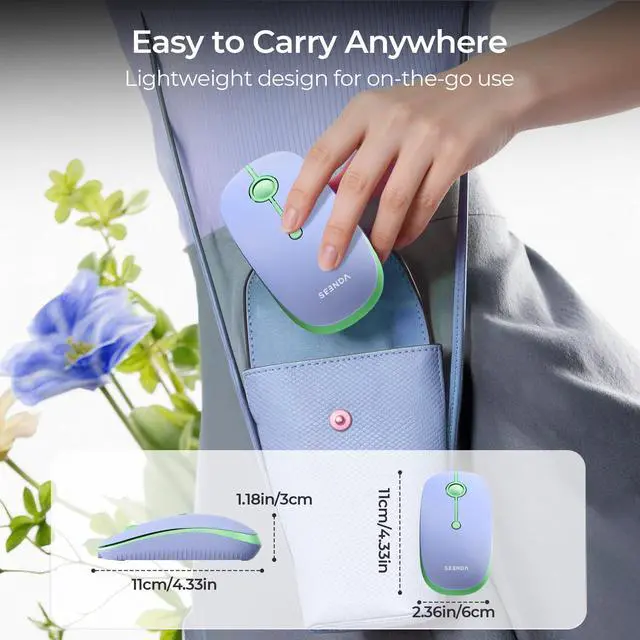 Alt view image 7 of 7 - MOU001 Bluetooth Wireless Mouse,3-Device Connection (USB&Dual Bluetooth), Ergonomic Mouse for Laptop, Rechargeable Quiet Click Computer Mouse,3-Level DPI for Windows,Mac Chromebook,Green&Purple