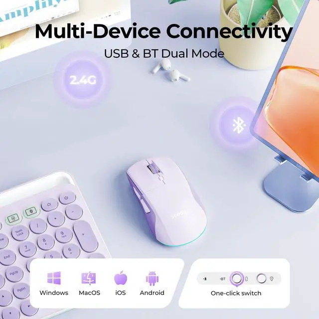 Alt view image 2 of 7 - MOU110 Wireless Bluetooth Mouse, Rechargeable RGB Silent Mouse with 2.4G USB & Bluetooth, 3-Level DPI, Right-Hand Ergonomic Mouse for Laptop, iPad, MacBook, Desktop, Purple