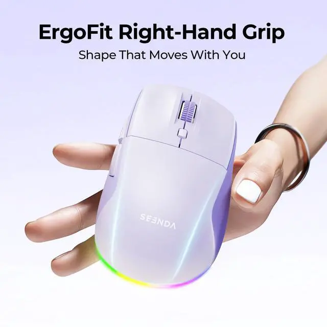 Alt view image 3 of 7 - MOU110 Wireless Bluetooth Mouse, Rechargeable RGB Silent Mouse with 2.4G USB & Bluetooth, 3-Level DPI, Right-Hand Ergonomic Mouse for Laptop, iPad, MacBook, Desktop, Purple