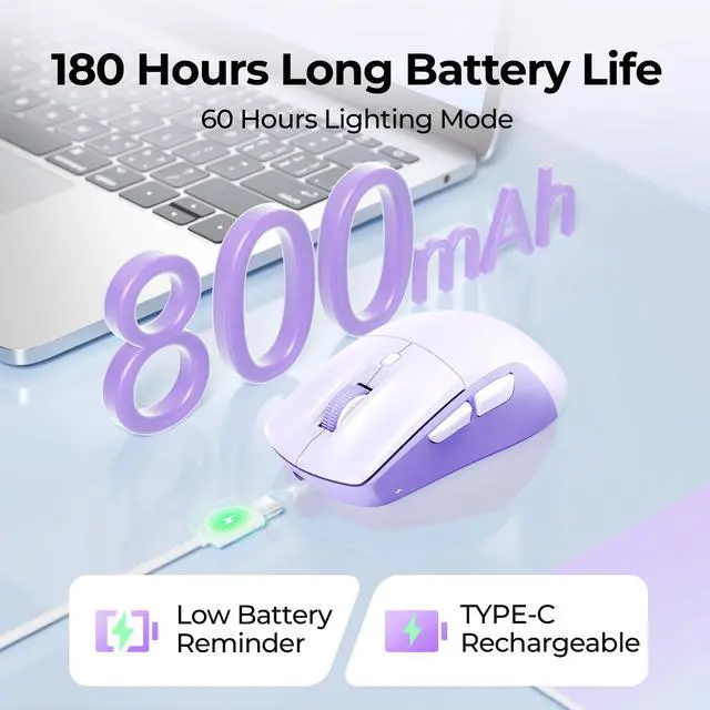 Alt view image 6 of 7 - MOU110 Wireless Bluetooth Mouse, Rechargeable RGB Silent Mouse with 2.4G USB & Bluetooth, 3-Level DPI, Right-Hand Ergonomic Mouse for Laptop, iPad, MacBook, Desktop, Purple
