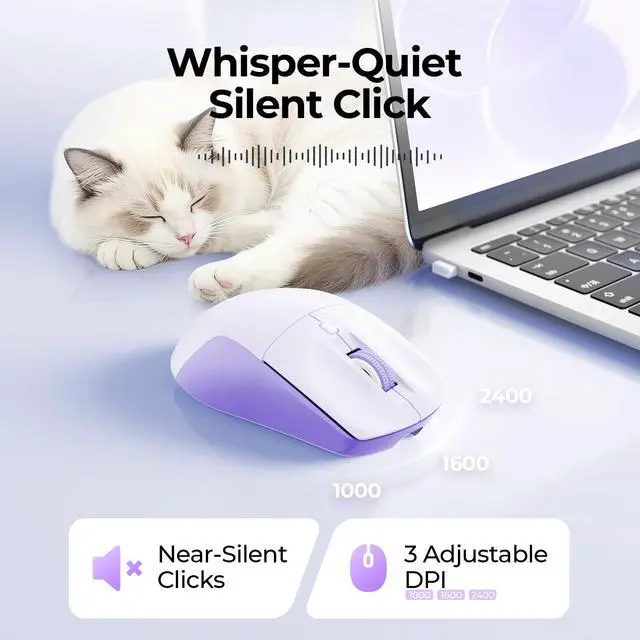 Alt view image 5 of 7 - MOU110 Wireless Bluetooth Mouse, Rechargeable RGB Silent Mouse with 2.4G USB & Bluetooth, 3-Level DPI, Right-Hand Ergonomic Mouse for Laptop, iPad, MacBook, Desktop, Purple