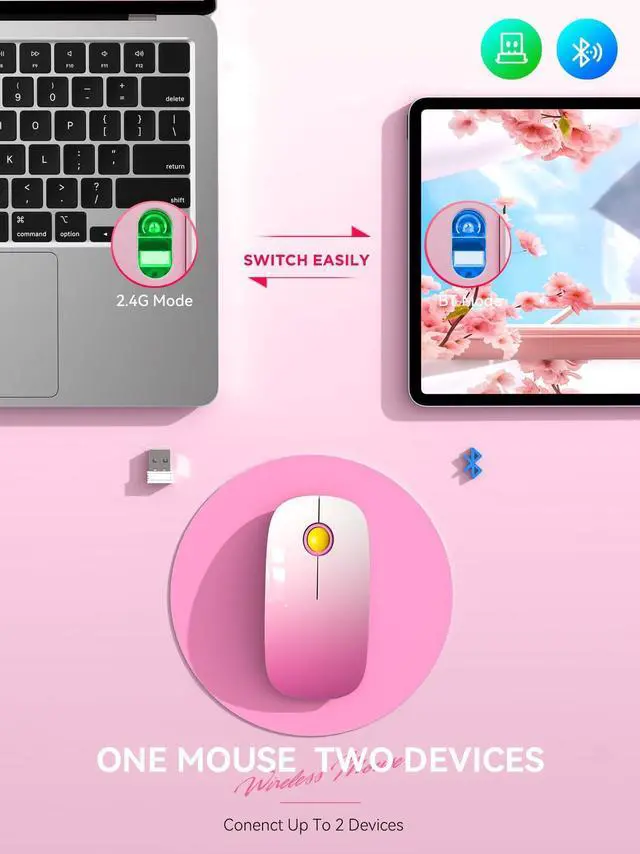 Alt view image 6 of 7 - Bluetooth Wireless Mouse - (BT5.1+USB) Slim Dual Mode Computer Mice with Quiet Click, Low Power, and 1600 DPI, Portable Cordless Mouse for MacBook, Laptop, iPad Pro/Air(Gradient Pink)