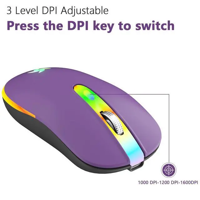 Alt view image 7 of 7 - LED Wireless Mouse, Slim Silent Rechargeable Mouse for Laptop, 2.4G Portable USB Optical Mouse with Type C Adapter, 3 Adjustable DPI Levels 1600/1200/800 for Tablet/Computer Purple