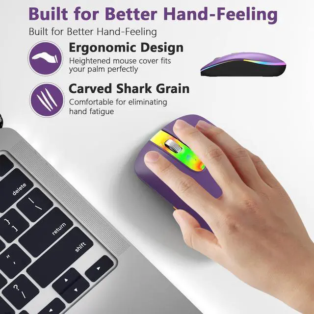 Alt view image 2 of 7 - LED Wireless Mouse, Slim Silent Rechargeable Mouse for Laptop, 2.4G Portable USB Optical Mouse with Type C Adapter, 3 Adjustable DPI Levels 1600/1200/800 for Tablet/Computer Purple