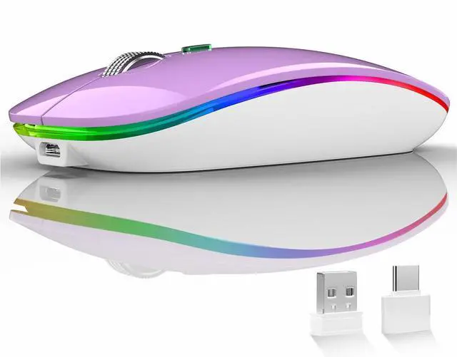 Main image of LED Wireless Mouse, G12 Slim Rechargeable Silent Mouse, 2.4G Portable USB Optical Wireless Computer Mice with USB Receiver and Type C Adapter (Purple)