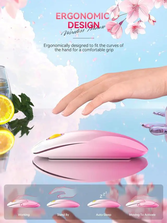 Alt view image 4 of 7 - Bluetooth Wireless Mouse - (BT5.1+USB) Slim Dual Mode Computer Mice with Quiet Click, Low Power, and 1600 DPI, Portable Cordless Mouse for MacBook, Laptop, iPad Pro/Air(Gradient Pink)