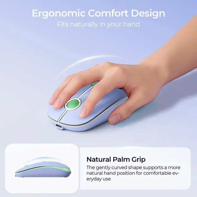 Alt view image 4 of 7 - MOU001 Bluetooth Wireless Mouse,3-Device Connection (USB&Dual Bluetooth), Ergonomic Mouse for Laptop, Rechargeable Quiet Click Computer Mouse,3-Level DPI for Windows,Mac Chromebook,Green&Purple