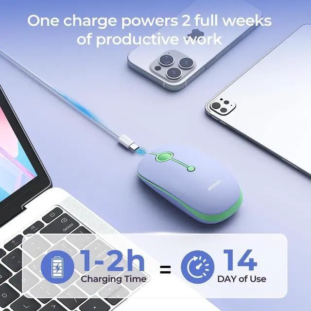 Alt view image 6 of 7 - MOU001 Bluetooth Wireless Mouse,3-Device Connection (USB&Dual Bluetooth), Ergonomic Mouse for Laptop, Rechargeable Quiet Click Computer Mouse,3-Level DPI for Windows,Mac Chromebook,Green&Purple
