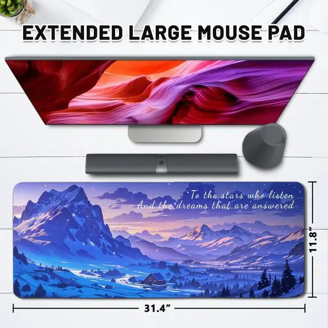 Alt view image 2 of 6 - Gaming Mouse Pads, Large Aesthetics Night Sky Mousepad Non Slip Base and Stitched Edges, Desk Mat for Computer Laptop, Snow Mountains Keyboard Pad for Home Office 11.8x 31.4 XL