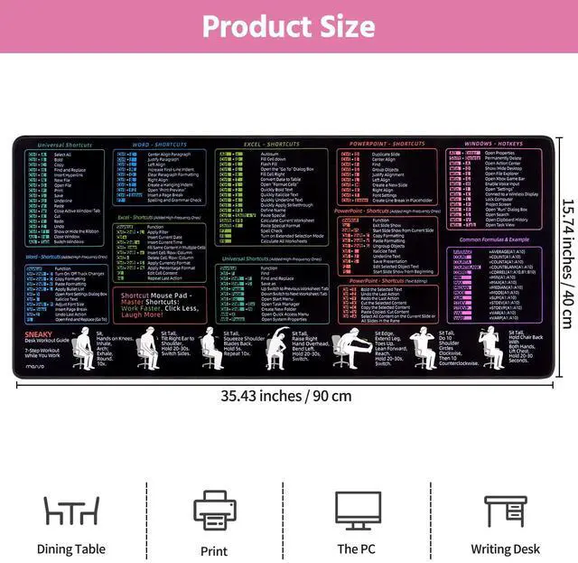 Alt view image 7 of 7 - Large Mouse Pad Gaming Mousepad, 35.43 x 15.74 in Mousepad with Anti-Slip Rubber Base&Stitched Edges, Keyboard Shortcuts Keyboard Pad Mouse Mat for Gamer/Desktop/Office/Home, Black