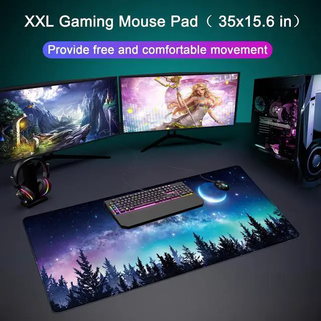 Alt view image 2 of 6 - Desk Mat,Large Mouse Pad 35''×15.6'' XXL Extended Gaming Mouse Pad Mat with Non-Slip Base Stitched Eges Mousepad for Computer,Office,Keyboard and Laptop - Forest Moon