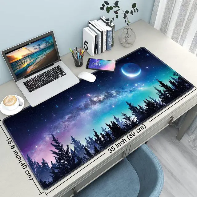 Alt view image 3 of 6 - Desk Mat,Large Mouse Pad 35''×15.6'' XXL Extended Gaming Mouse Pad Mat with Non-Slip Base Stitched Eges Mousepad for Computer,Office,Keyboard and Laptop - Forest Moon