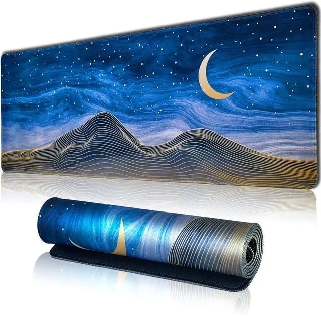 Main image of Large Gaming Mouse Pad for Desk, Desk Mat with Seamed Edges, Waterproof Desk Pad, Non-Slip Rubber Base, 31.5x11.8 Inch Keyboard Pad Computer Mat, Big XL Moon Mountain Line Mousepad