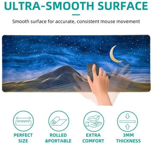 Alt view image 3 of 6 - Large Gaming Mouse Pad for Desk, Desk Mat with Seamed Edges, Waterproof Desk Pad, Non-Slip Rubber Base, 31.5x11.8 Inch Keyboard Pad Computer Mat, Big XL Moon Mountain Line Mousepad