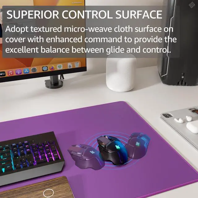 Alt view image 2 of 6 - Large Gaming Mouse Pad Desk Mat, Superior Micro-Weave Cloth, Non-Slip Rubber Base, Stitched Edges, Water-Resistant, for Gamer, Office & Home, 31.5 x 15.7 InchViolet Purple