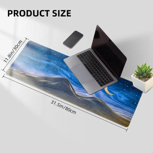 Alt view image 5 of 6 - Large Gaming Mouse Pad for Desk, Desk Mat with Seamed Edges, Waterproof Desk Pad, Non-Slip Rubber Base, 31.5x11.8 Inch Keyboard Pad Computer Mat, Big XL Moon Mountain Line Mousepad