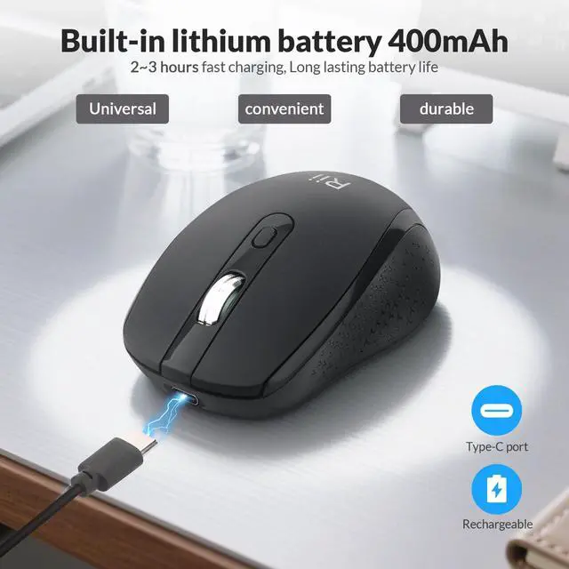 Alt view image 3 of 5 - RM213 Rechargeable Wireless Mouse (Bluetooth 5.0+2.4G Hz) Dual Mode,Travel-Friendly Mice,DPI 1200 1600 2400,Type-C Port, Portable PC Mouse for Mac Windows 11/10/8/7/XP/Vista Chromebook,Black