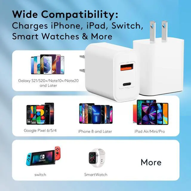 Alt view image 7 of 7 - 20W Fast Charging Block 3-Pack, Dual Port USB-C Wall Charger, Compatible with iPhone 17/16/15/14/13/12/11, iPad, Samsung Galaxy, Google Pixel and More.