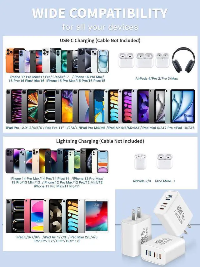 Alt view image 7 of 7 - 3Pack USB C Charger Block,40W 4Port Charger Blocks Multiport Apple Type C iPhone 17 Charger Fast Charging Cube Adapter for iPhone 17 Pro Max/17e/Air/16 Pro/16/15/14/13/12/11,Galaxy,Pixel,iPad,AirPods
