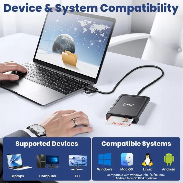 Alt view image 6 of 7 - Smart Card Reader with NFC, USB-A & USB-C NFC Reader & CAC Reader Military DOD Common Access, 2-in-1 Contact and Contactless IC/ID/PIV/Bank/Credit Card Reader for Mac OS, Windows, Android, Linux