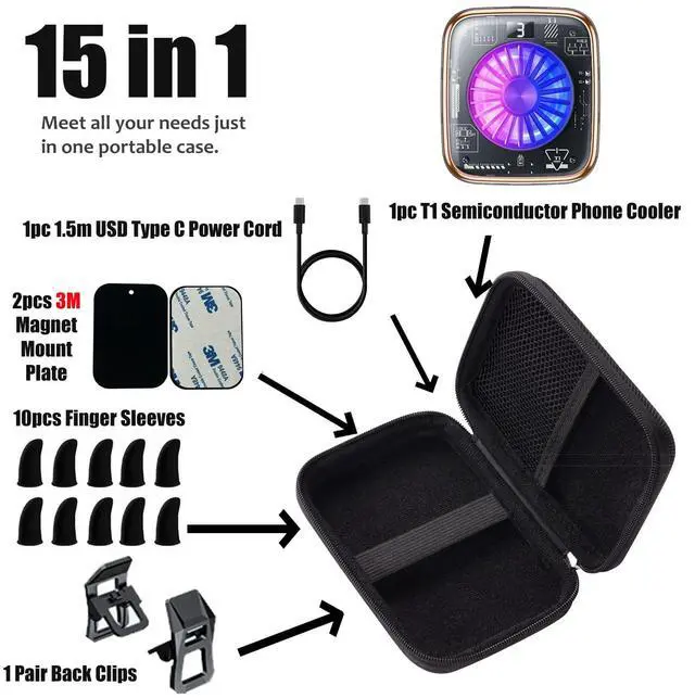 Alt view image 2 of 7 - 15 in 1 Magnetic Phone Cooler Pro w/RGB LEDs, Detachable Grip, Thermostatic Cooling Fan for iPhone MagSafe/Android/iPad -Gaming/Streaming/Photography (Rose Gold Frame)