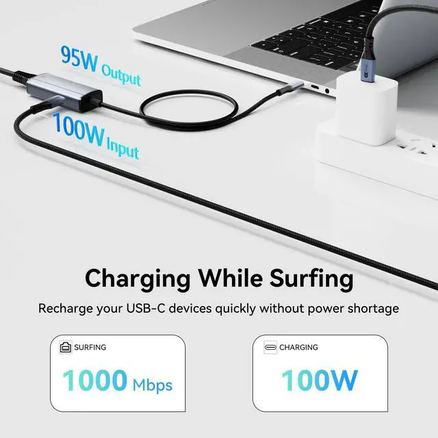 Alt view image 3 of 7 - 2 in 1 USB-C to Ethernet Gigabit Adapter with 100W Charging Port, USB C to RJ45 Ethernet LAN Network Adapter Compatible with iPhone 15 Pro/Max, MacBook Pro/Air 2023, iMac