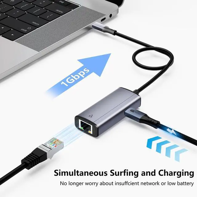 Alt view image 4 of 7 - 2 in 1 USB-C to Ethernet Gigabit Adapter with 100W Charging Port, USB C to RJ45 Ethernet LAN Network Adapter Compatible with iPhone 15 Pro/Max, MacBook Pro/Air 2023, iMac